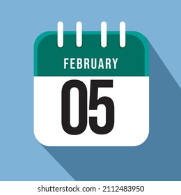 February day 05. Number five on a white paper with green border on a blue background calendar sheet. Vector illustration.