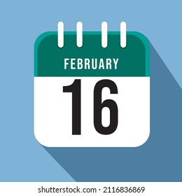 February day 16. Number sixteen on a white paper with green border on a blue background calendar sheet. Vector illustration.