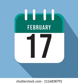 February day 17. Number seventeen on a white paper with green border on a blue background calendar sheet. Vector illustration.