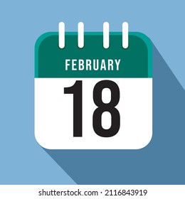 February day 18. Number eighteen on a white paper with green border on a blue background calendar sheet. Vector illustration.