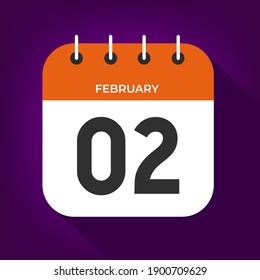 Februar Tag 1. Nummer zwei auf einem weißen Papier mit orangefarbenem Rand auf violettem Hintergrund, Vektorgrafik.
