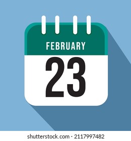February day 23. Number twenty three on a white paper with green border on a blue background calendar sheet. Vector illustration.