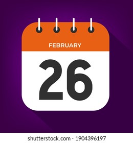 February day 26. Number twenty-six on a white paper with orange color border on purple background vector.