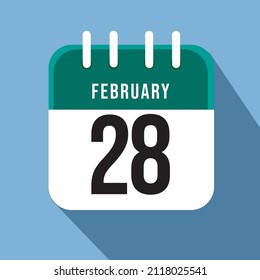 Día 28 de febrero. Número veintiocho en un libro blanco con borde verde sobre una hoja de calendario azul de fondo. Ilustración vectorial.