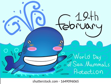 February 19th—World Day of Sea Mammals Protection. Vector illustration with vector blue whale in kawaii style. A whale that smiles against the backdrop of the ocean. Funny whale for a children's book.