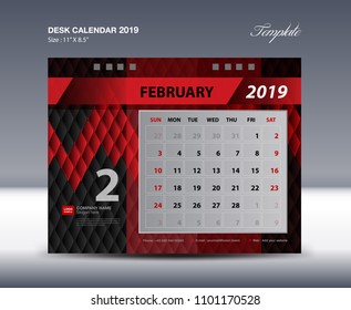 FEBRUARY Desk Calendar 2019 Template, Week starts Sunday, Stationery design, flyer design vector, printing media creative idea design, Black and red background