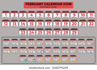 Iconos de calendario editables de febrero configuran ilustración para tareas de planificación y gestión de eventos