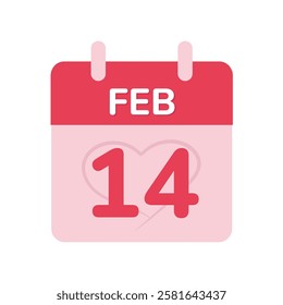 February Fourteenth Calendar Page. Pink Vector. Heart. Valentine's Day. Feb 14. White Background.