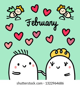 February hand drawn illustration with cute marshmallows in love cartoon minimalism