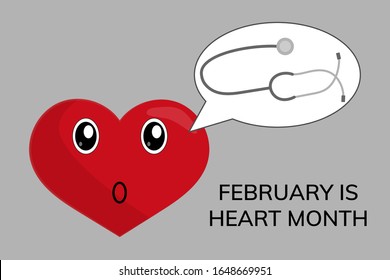FEBRUARY IS HEART MONTH. vector stock illustration. Heart is thinking about the phonendoscope