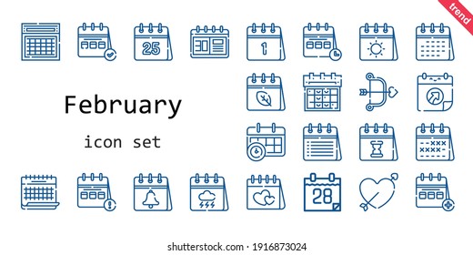 Februar Symbol gesetzt. Zeilensymbol-Stil. Februar-ähnliche Symbole wie Kalender, Cupid, Valentinstag, 