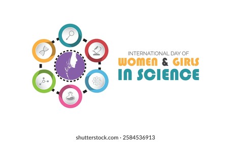 February is International day of Women and Girls in science. Vector template Design for banner, greeting card, poster, prints, social media post ,flyer , T shirt with background.