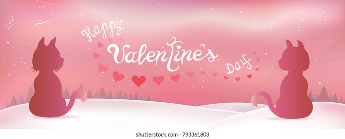 February landscape and cat silhouette with lettering happy valentines day. Background with snowflakes and hearts. Cartoon design in natural style for holidays and love festivals.