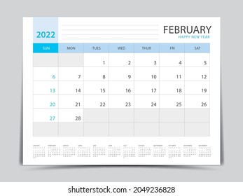 February layout design, calendar 2022 year template, Planner simple, Desk calendar 2022 design, Week Starts on Sunday, Wall calendar design, printing media, advertisement, office organizer, vector
