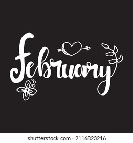 Grabado de febrero en el fondo negro. Ilustración del mes de febrero. Vector febrero con flor, corazón y hojas. Decoración de febrero