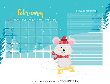 February month 2020 template design. Calendar 2020 with funny and cute rat. Horizontal layout. Animal character in skiing pose. Mouse in winter forest. Vector illustration