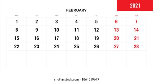 February month for 2021 year planning calendar. Vector illustration.