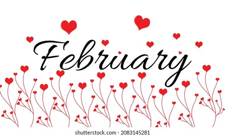  Monatsbanner im Februar, Texthandschrift mit Blumen und Blättern. Illustration Februar