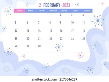 February month. Business calendar for 2023. Calendar layout. The week starts on Sunday. Horizontal calendar page for weekly planning, organizer. Planner template. Vector illustration