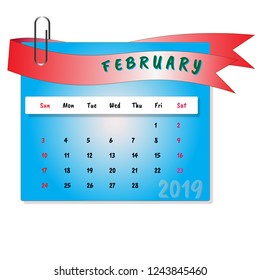 February month calendar 2019 vector with blue background and red ribbon with paper clip. Happy new year 2019
