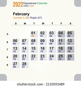February Month calendar 2022. Week Starts on Sunday. Wall calendar in a minimalist style. Hijri islamic calendar 2022. From 1443 to 1444 vector