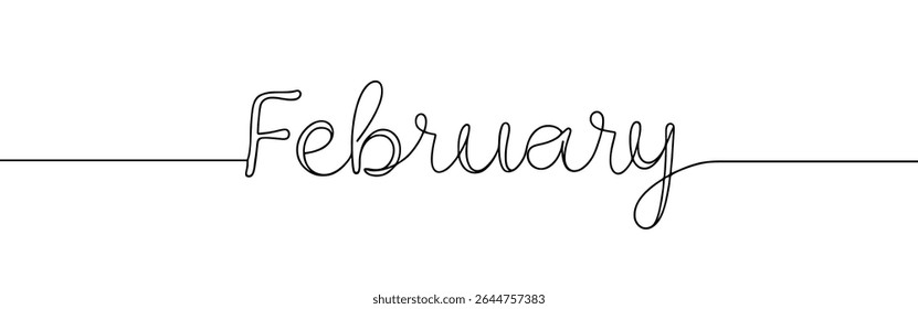 February month continuous one line drawing with word. Minimalistic drawing of phrase illustration.