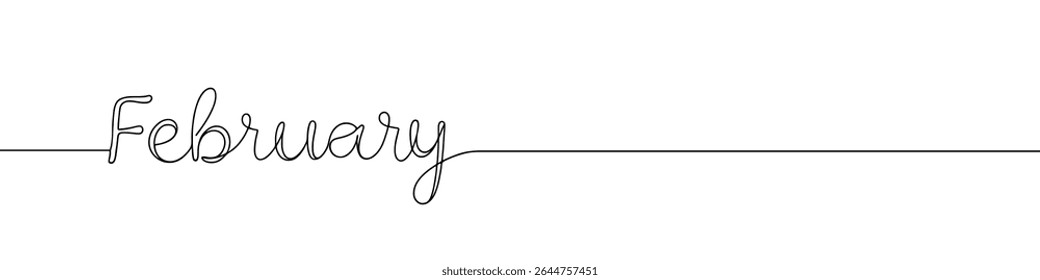 February month continuous one line drawing with word. Minimalistic drawing of phrase illustration.
