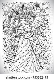 February month graphic concept. Hand drawn engraved fantasy illustration. Beautiful queen of winter with mask and rabbit against the background with trees in snow