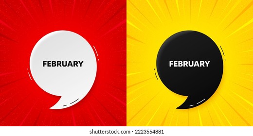 Icono de mes de febrero. Banner de oferta en flash con presupuesto. Programación de eventos, fecha feb. Planificador de citas de reunión. Cartel de la viga de Starburst. Burbuja del discurso de febrero. Vector