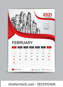 February month layout. Desk calendar 2021 template with city vector illustration, Wall calendar Planner, Can place pictures and other images instead. Red abstract background