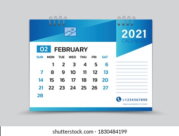 February month template, Desk Calendar 2021 Creative design can be place photo and logo, Week starts on Sunday, vector for calendar 2021 template, Blue gradient background