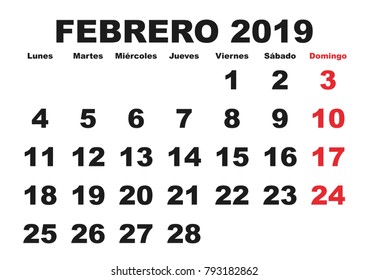 February month in a year 2019 wall calendar in spanish. Febrero 2019. Calendario 2019