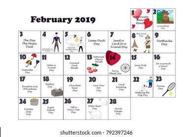 February monthly calendar illustrated and annotated with daily Quirky Holidays and Unusual Celebrations with Sunday start week.