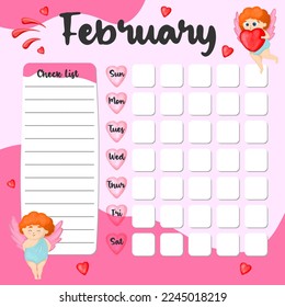 February monthly planner, weekly planner, habit tracker template and example. Template for agenda, schedule, planners, checklists, bullet journal, notebook and other stationery. Valentines Day theme