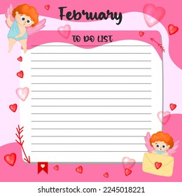 February monthly planner, weekly planner, habit tracker template and example. Template for agenda, schedule, planners, checklists, bullet journal, notebook and other stationery. Valentines Day theme