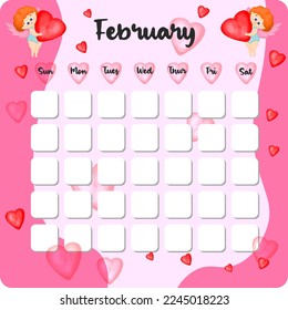 February monthly planner, weekly planner, habit tracker template and example. Template for agenda, schedule, planners, checklists, bullet journal, notebook and other stationery. Valentines Day theme