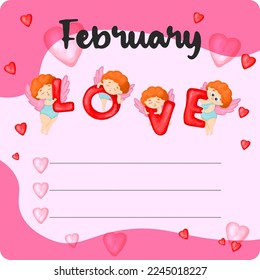 February monthly planner, weekly planner, habit tracker template and example. Template for agenda, schedule, planners, checklists, bullet journal, notebook and other stationery. Valentines Day theme