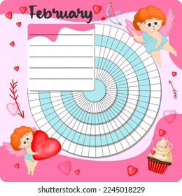 February monthly planner, weekly planner, habit tracker template and example. Template for agenda, schedule, planners, checklists, bullet journal, notebook and other stationery. Valentines Day theme