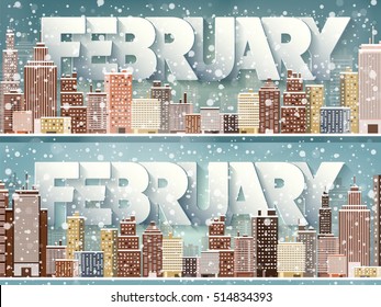 February month,winter cityscape.City silhouettes.Town skyline. Panorama. Midtown houses.New year,christmas.Holidays in January,December.