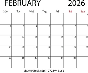 Calendario vacío para notas del mes de febrero de 2026