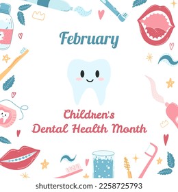 February is National Childrens Dental Health Month. Vector illustration of healthy tooth and oral care products for poster, banner, card.