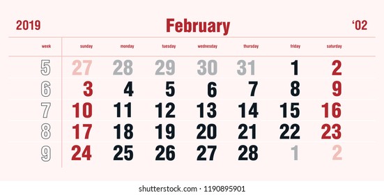 February Page 02 Month Premium 2019 Year Calendar Stylish Grid English Classic Style. Luxury template vector design