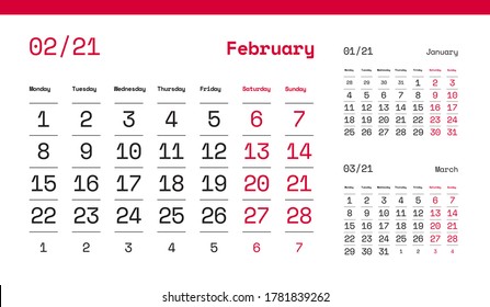 FEBRUARY PAGE. 12 Months Premium 2021 Calendar Grid Set. The 2021 Year Quarterly Desk Company Calendar. Table, Wall, Desk, or Quarter. Clean, Simple, Trio Design. Vector, Editable Design Template.