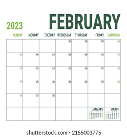 Febrero. Planner 2023 año. Plantilla de calendario cuadrado vectorial en inglés. Diseño minimalista. La semana empieza el domingo