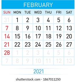 February Planner Calendar 2021. Illustration of Calendar in Simple and Clean Table Style for Template Design on White Background. Week Starts on Sunday