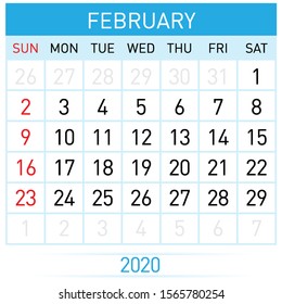 February Planner Calendar. Illustration of Calendar in Simple and Clean Table Style for Template Design on White Background. Week Starts on Sunday