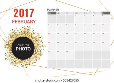 February planner calendar template 2017 year.Week starts Sunday.Vector design stationery illustration.Yearly calendar set of 12 months  Printing layout artwork.