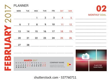 February Planner calendar template 2017 year.Week starts Sunday.Vector design stationery illustration.Yearly calendar template set 12 months Printing layout artwork.