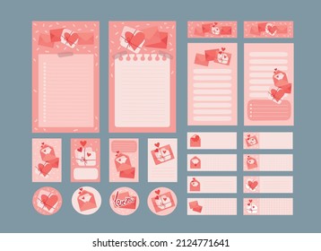 February planner for Valentine's Day. Notepad sheets, stickers. Hand-drawn icons of pink hearts, love letters. Vector isolated colorful element. 