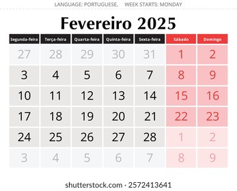 February PORTUGUESE annual calendar for 2025 year - fevereiro. Vector illustration with stylish design for Portugal